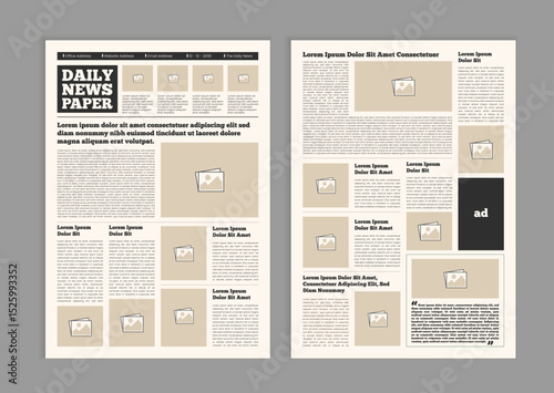 Graphical layout newspaper template. Editable magazine design or vintage old newspaper template
