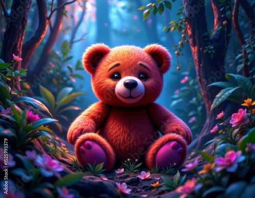 Adorable Brown Teddy Bear in a Magical Forest Setting