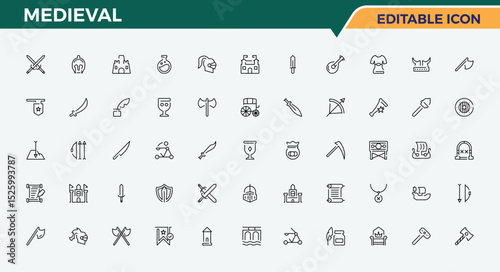 Medieval linear icon set. Historical line icon set. Modern vector illustration. It contains symbols to war, antique, geometric, art and more. Vector illustration in modern line style.