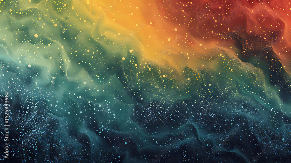 Fototapeta premium A vibrant abstract background features a blend of teal, yellow, orange, and red hues with scattered white and yellow dots, creating a dynamic and visually appealing texture