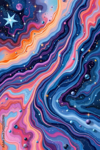 Abstract Cosmic Swirl Vibrant Galaxy Illustration with Blue, Purple, and Orange Hues