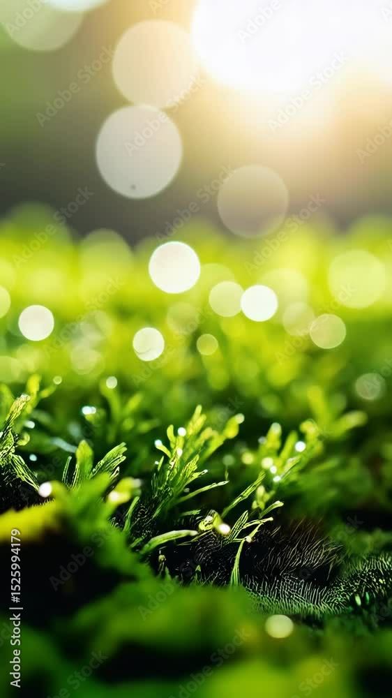 Lush green ground cover, fern-like vegetation with glistening droplets in bright sunlight with diffused bokeh lights, vertical orientation