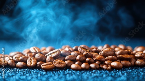Engaging abstract background featuring dark blue smoke interwoven with coffee beans, ideal for food industry design and marketing purposes