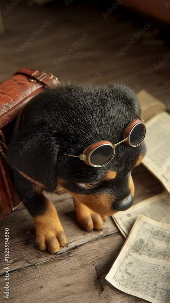 Adventurous Rottweiler Puppy with Vintage Backpack and Goggles Exploring Old Maps