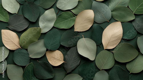 Variety of green and beige leaves are arranged in flat lay pattern, creating natural and calming aesthetic. leaves display different shades and textures, enhancing visual interest of composition