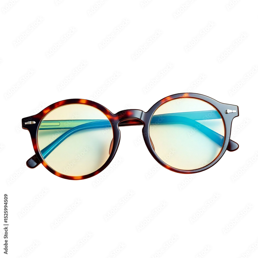 Fototapeta premium Close up of round tortoise shell glasses with blue light lenses on a black background studio shot