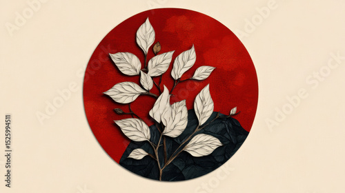 Circular artwork features branch with white leaves against bold red background, creating striking contrast. design is minimalistic and elegant, evoking sense of calm and balance