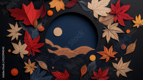 Circular cutout center of image reveals night sky with moon, surrounded by intricately crafted paper leaves vibrant autumn colors like red, orange, and yellow. scene evokes sense of tranquility