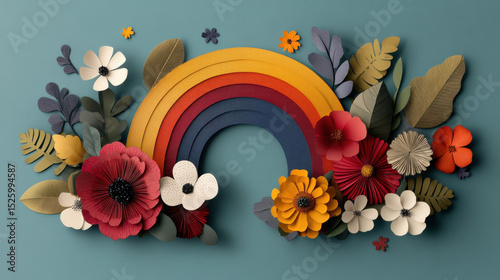 Colorful paper flowers and vibrant rainbow create cheerful and artistic composition on teal background, evoking sense of joy and creativity