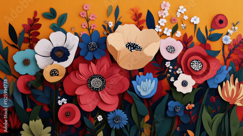 Colorful paper flowers vibrant shades of red, blue, and yellow are arranged against warm orange background, creating lively and artistic display. intricate details and textures add depth and charm