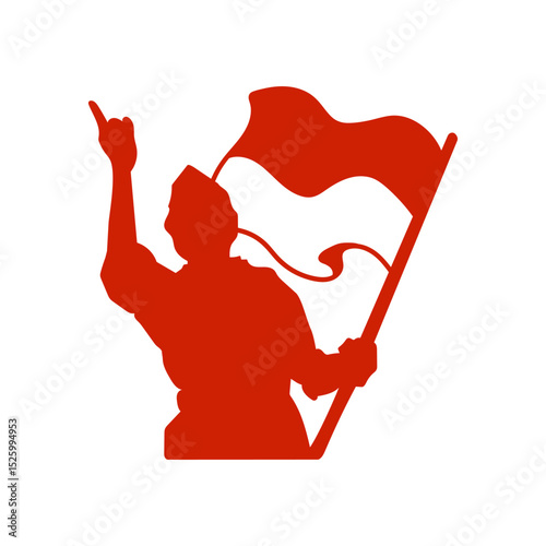 Silhouette of an indonesian patriot waving the national flag and pointing, celebrating independence day.