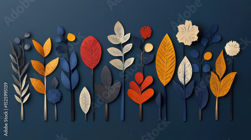 Colorful abstract leaves and flowers various shapes and sizes are arranged against dark blue background, creating vibrant and artistic display. design features mix of orange, red, blue