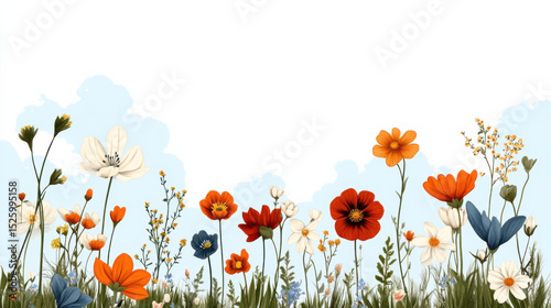 Vibrant field of wildflowers in various colors, including orange, white, and blue, set against clear sky. scene evokes sense of springtime beauty and tranquility