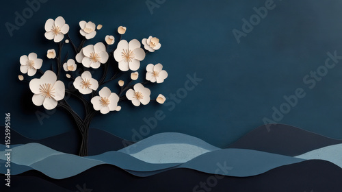 Delicate paper art tree with white blossoms stands against dark blue background, evoking sense of tranquility and elegance. layered waves add depth and movement to composition