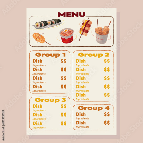 Korean street food and snack menu template. Watercolor elements: kimbap, skewers, rice cakes, fish cakes, corn dog, sausages. Food illustration for restaurant and food stalls. Asian cuisine. 