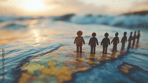 Fototapeta Naklejka Na Ścianę i Meble -  Silhouettes of people standing on a map near the ocean