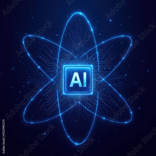 Bright electric-blue “AI” typography emerges from a central processor chip, surrounded by glowing digital lines and deep tech background, symbolizing advanced machine learning systems