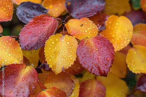 A close-up view of vibrant autumn leaves displaying a spectrum of colors. Fresh rain droplets enhance the beauty of each leaf, creating a serene and picturesque nature scene.