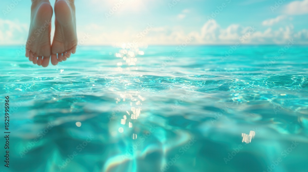 summer concept. Feet above sparkling turquoise water in a serene setting. summer concept. Feet above sparkling turquoise water in a serene setting.