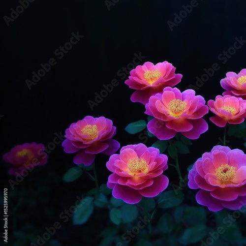 Vibrant pink roses in dark garden