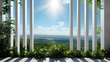 Elegant window view with sunlight through slats and clear sky horizon in background