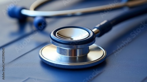 Close-up of a blue stethoscope on a blue surface
