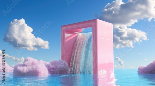 Dreamy blue background with smooth waterfall streaming from modern pink structure