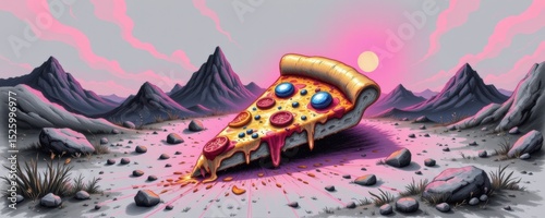 Pixel Art Pizza Slice in a Pink Desert Sunset Landscape