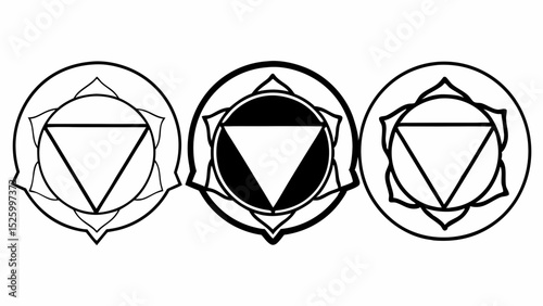 Three outlined circles each containing a triangle and lotus flower design in black and white colors created with generated ai