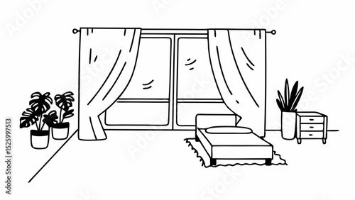 Illustration of a bedroom with a bed, curtains, plants, and a nightstand in a simple line drawing style created with generated ai