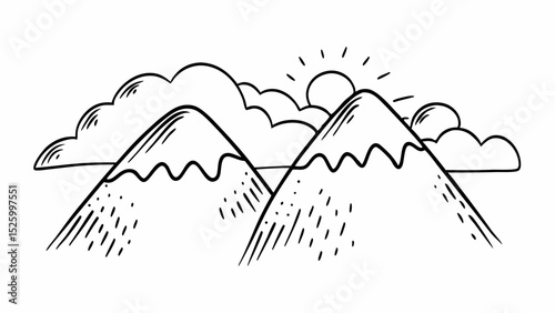 Illustration of two mountains with snow peaks clouds and a sun in a black and white drawing created with generated ai