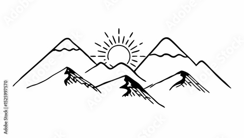 Illustration of mountain range with snow peaks and a rising sun in a simple black outline style created with generated ai
