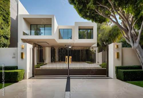 Modern white house with a metal gate and manicured landscaping on a sunny day in a residential area