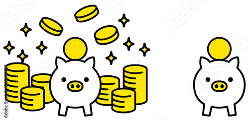 ブタの貯金箱と大量のコインのシンプルなアイコンイラストベクター素材白正面