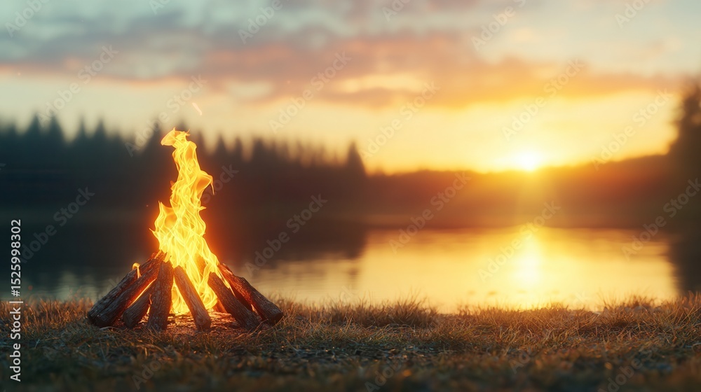 Naklejka premium summer concept. Campfire by a serene lake at sunset with silhouetted trees in the background.