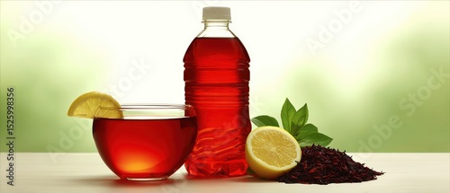 Red beverage, lemon, and tea