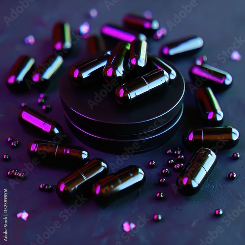 Dark capsules on podium