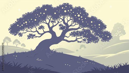 Tree of Fireflies on Floating Hilltop Vector Illustration