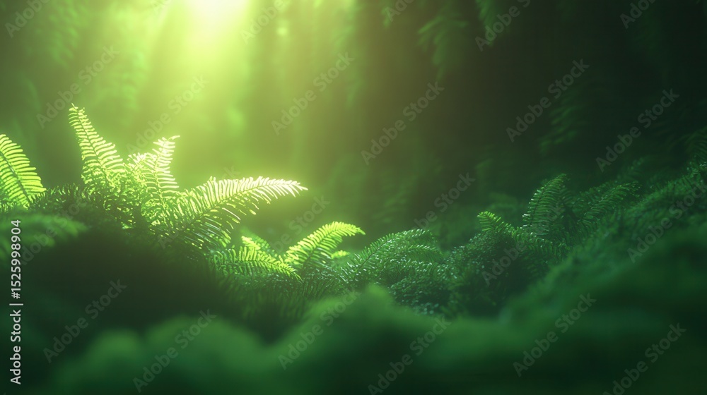 Obraz premium summer concept. Lush ferns bathed in soft, ethereal green light.