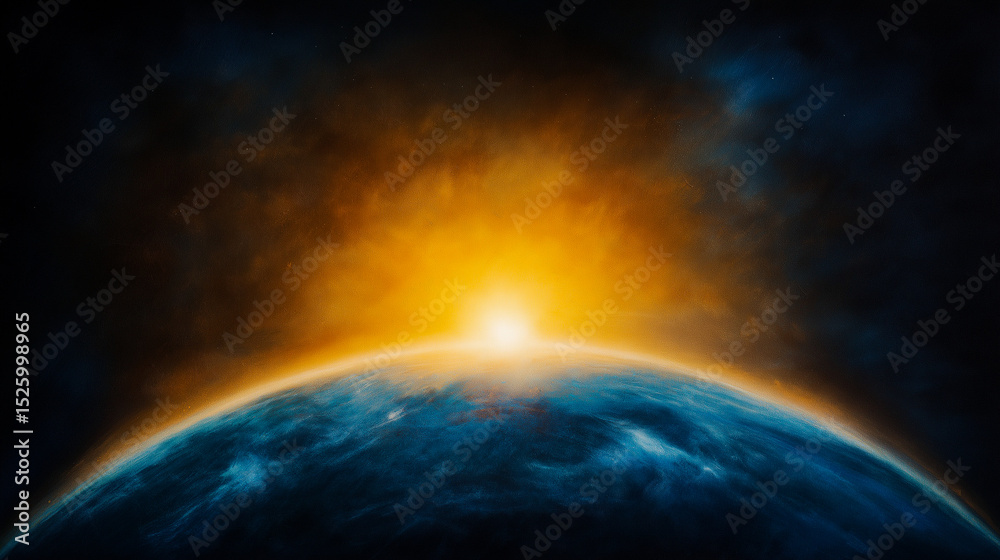 Fototapeta premium Stylized oil painting of sunrise over Earth from space