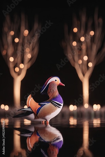 Colorful bird reflecting in water, festive trees