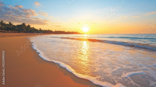 summer concept. Serene beach sunset with waves and palm trees in the background.