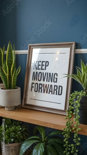 A framed print that says Keep Moving Forward sits on a light brown wooden shelf