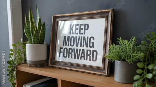 A framed print that says Keep Moving Forward sits on a light brown wooden shelf