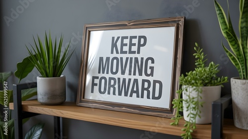 A framed print that says Keep Moving Forward sits on a light brown wooden shelf