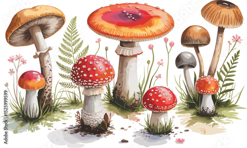 Colorful Mushroom Illustration with Mycology Theme, Forest Fungi Art, Nature Design