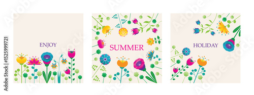 colour vector summer holidays or happy easter cards with vibrant flat folk style flowers, set of floral backgrounds with place for your text