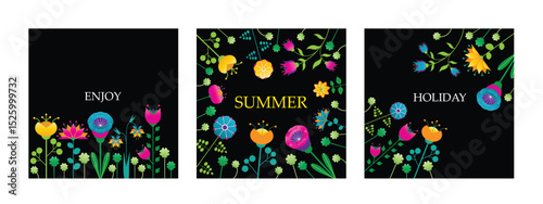 Set of vector flowers backgrounds with place for your text. Simple flat folk flowers isolated on black background. Graphic floral elements. Spring or summer border, wallpaper, poster template design.	