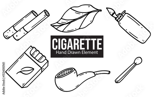 Black line hand drawn cigarette elements. Background, vector, simple design, line art, black ink, wall decoration, ornament
