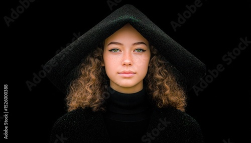 Portrait of a young woman in a hooded cloak